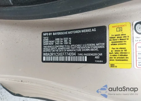 2014 BMW 435I from USA, damaged, VIN WBA3R1C5XEF774094
